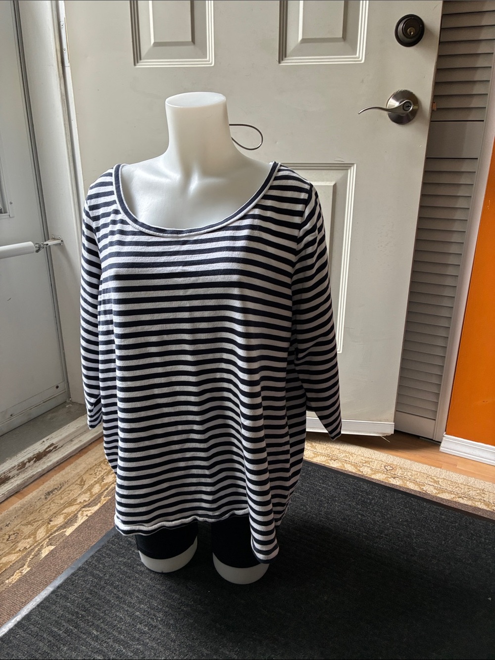 Lands' End Scoop Neck Long Sleeve Striped Top in Navy and White